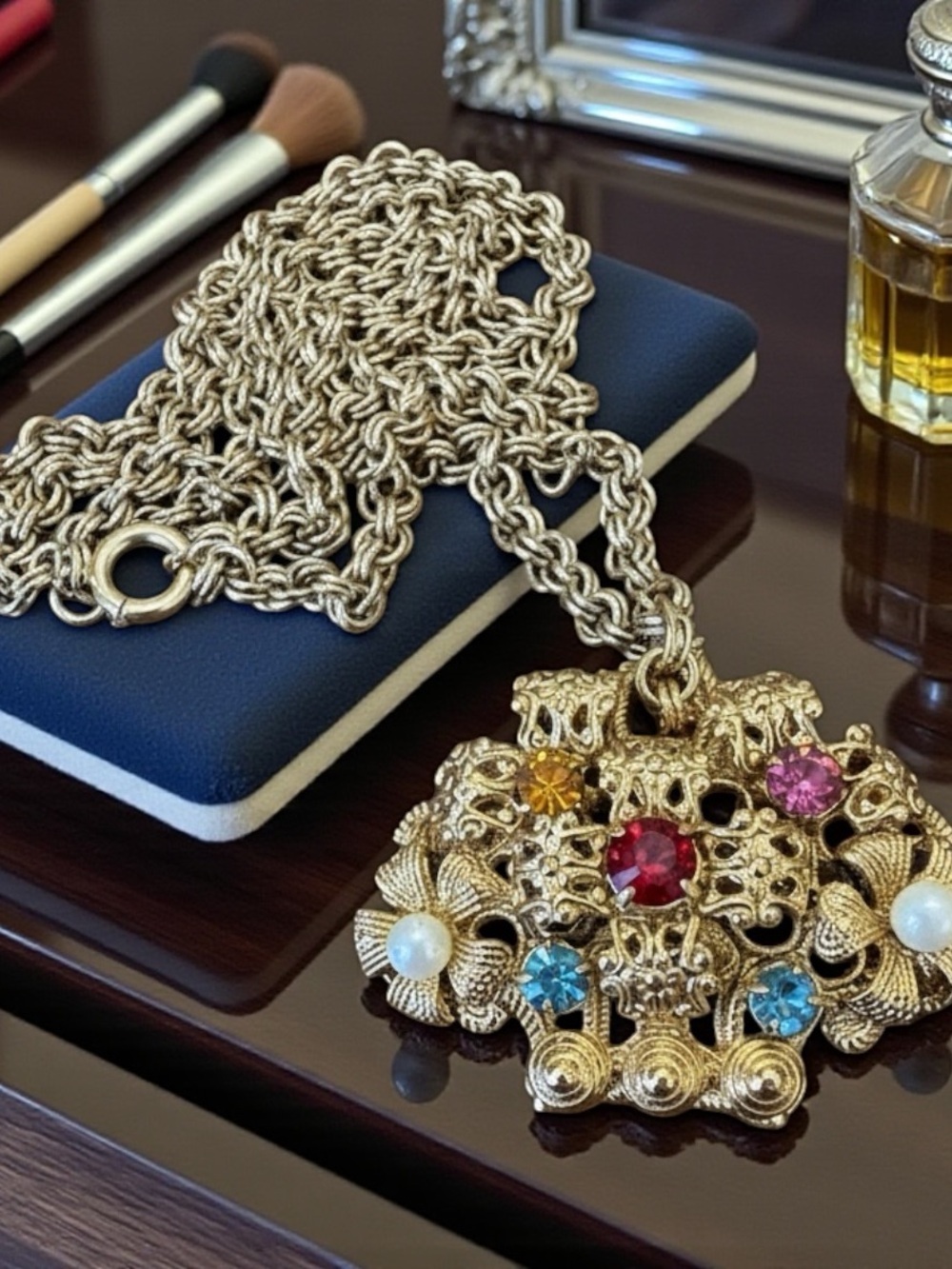 Vintage Czech Rhinestone Floral Basket Pendant with 30” Chain - Picture 4 of 11